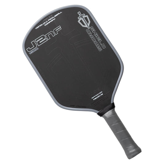 Black pickleball paddle with gray handle on a white background
