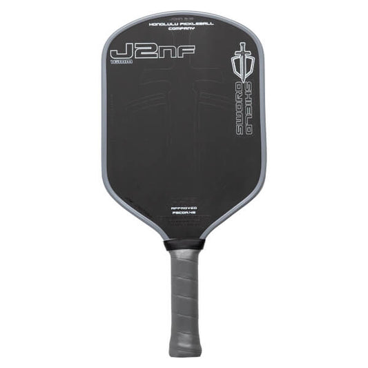 Black pickleball paddle with branding on a white background