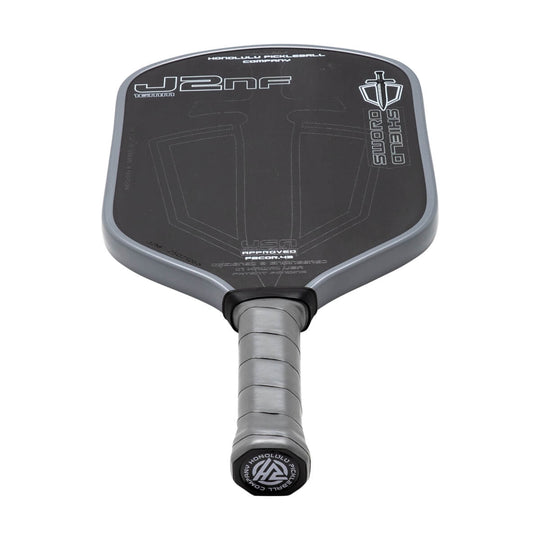 Pickleball paddle with branding on a white background
