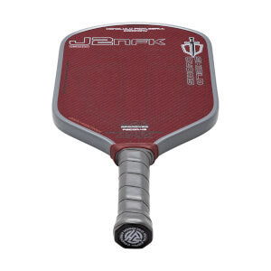 Red and gray pickleball paddle with branding on a light red background