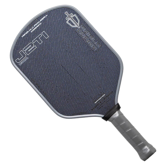 Gray pickleball paddle with branding on a white background