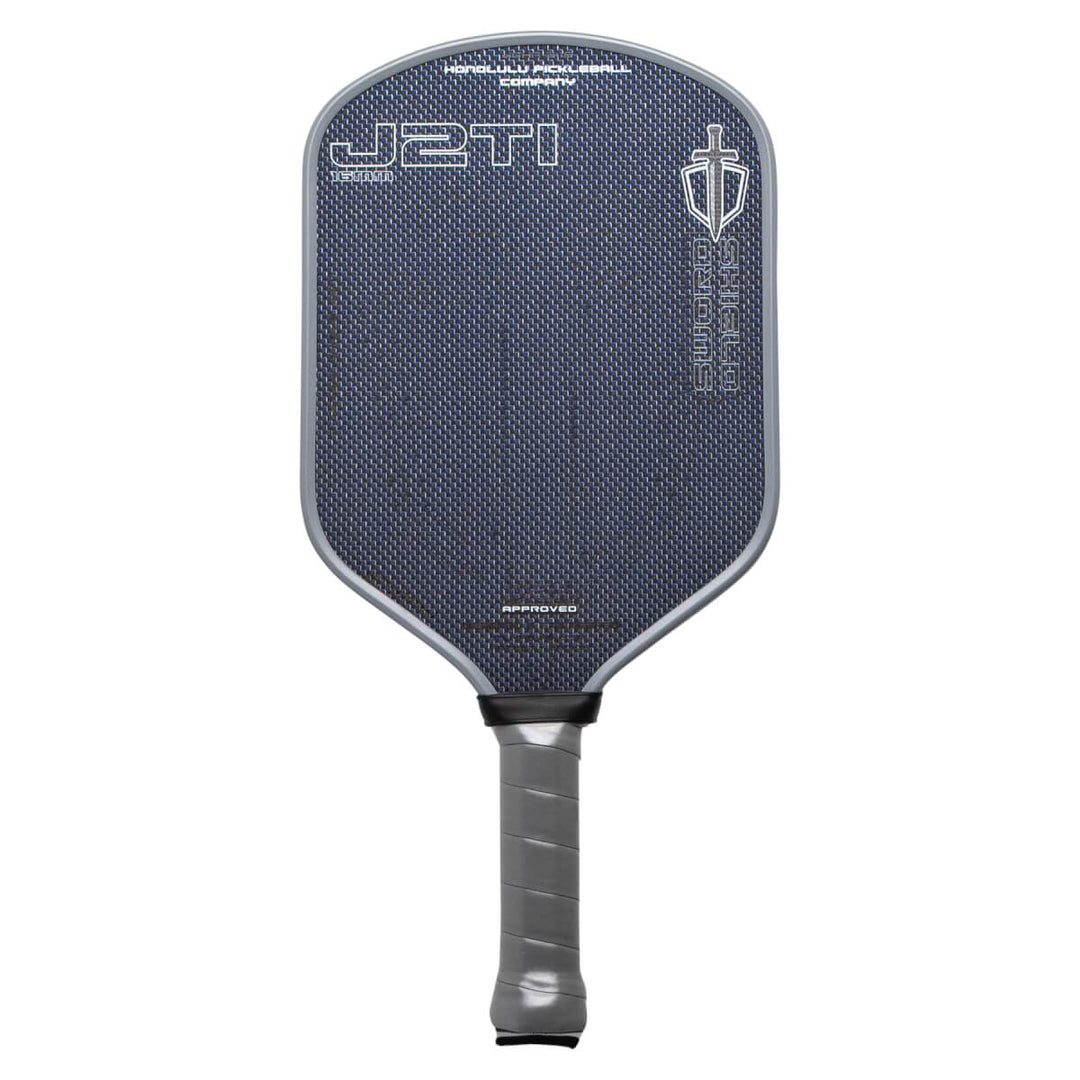 Gray pickleball paddle with branding on a white background