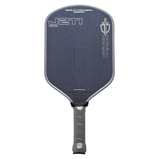 Gray pickleball paddle with branding on a white background