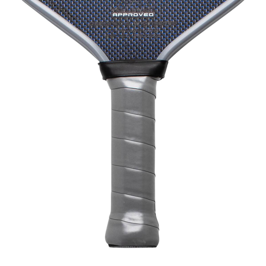 Close-up of a pickleball paddle with a textured grip and brand name on a white background